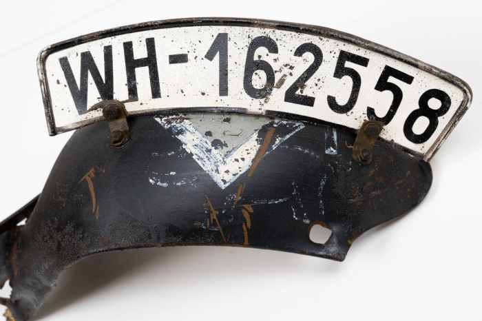 Wehrmacht bike mudguart with emblem (mammoth) tactical emblem, number  and license plate.